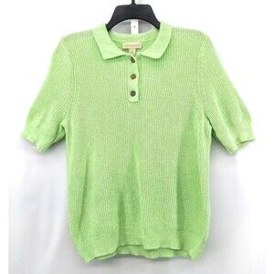 Appleseed's Polo Sweater Womens Size L Green Ribbed Knit Linen Cotton Blend